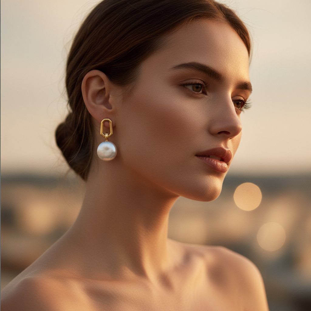 电镀黄金白珍珠耳环