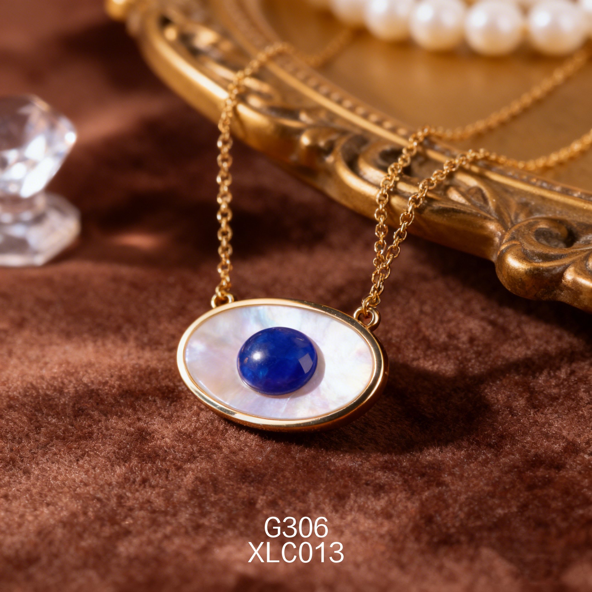 电镀黄金白贝青金石椭圆项链