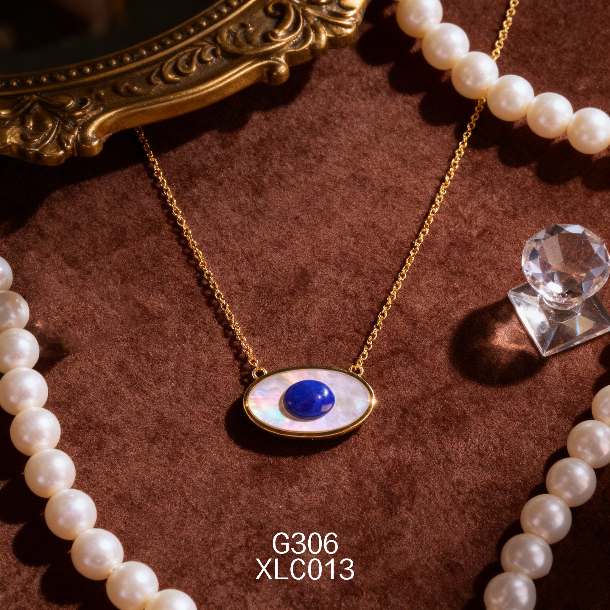 电镀黄金白贝青金石椭圆项链