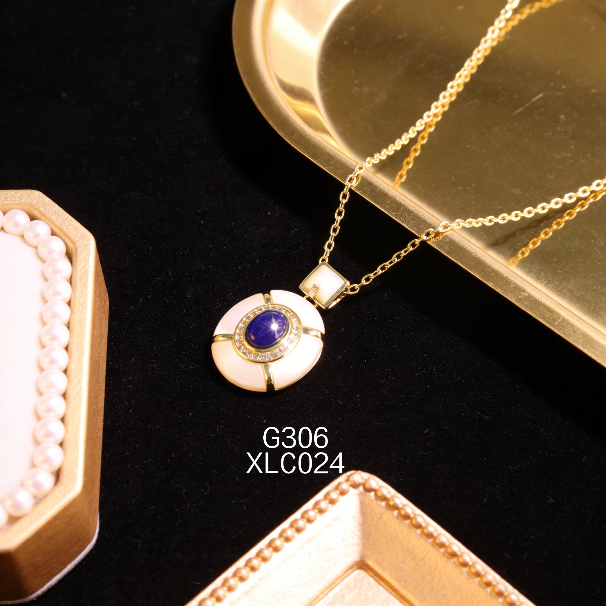 电镀黄金 7 x 9mm 青金石白贝小众项链