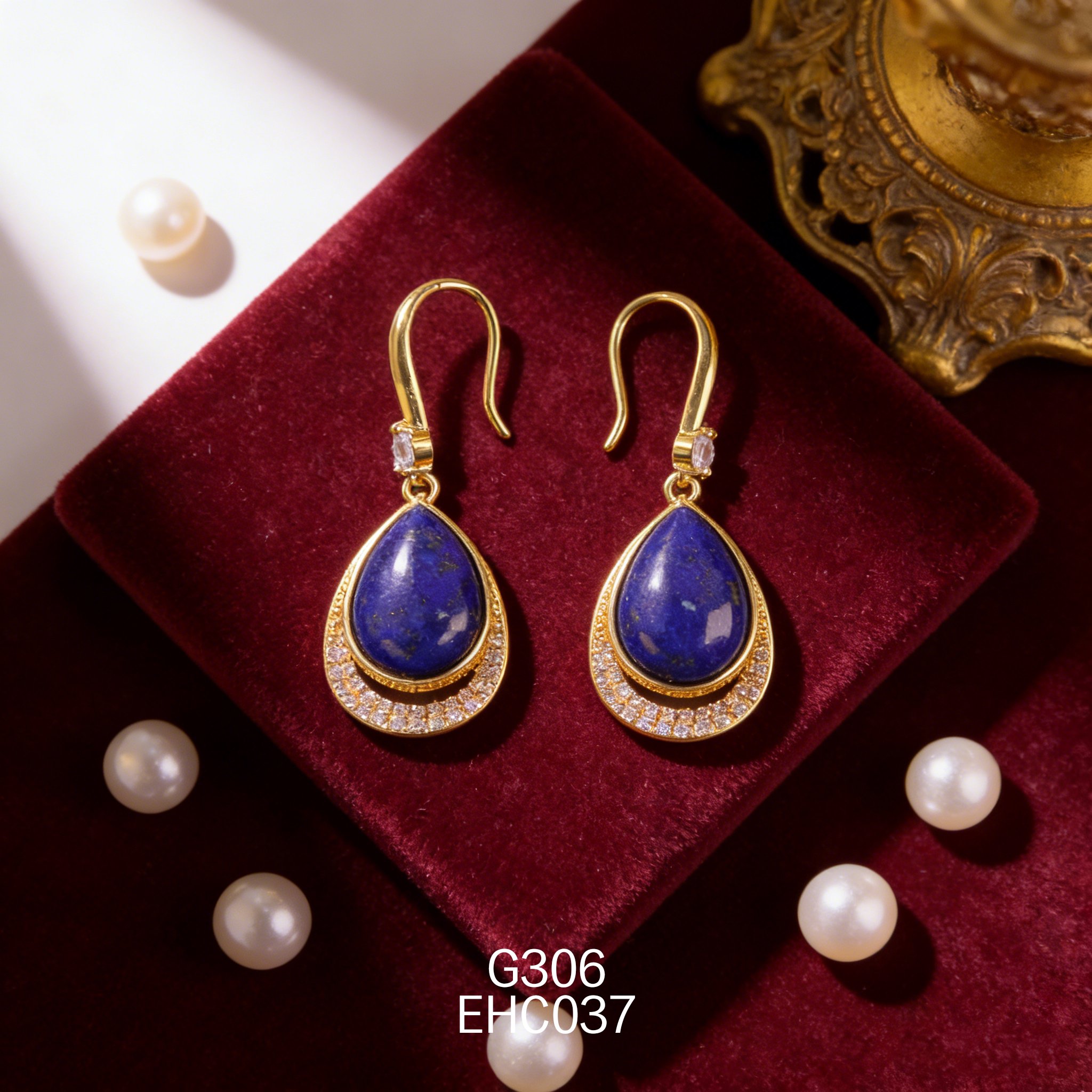 電鍍黃金 11 x 16mm 水滴青金耳環