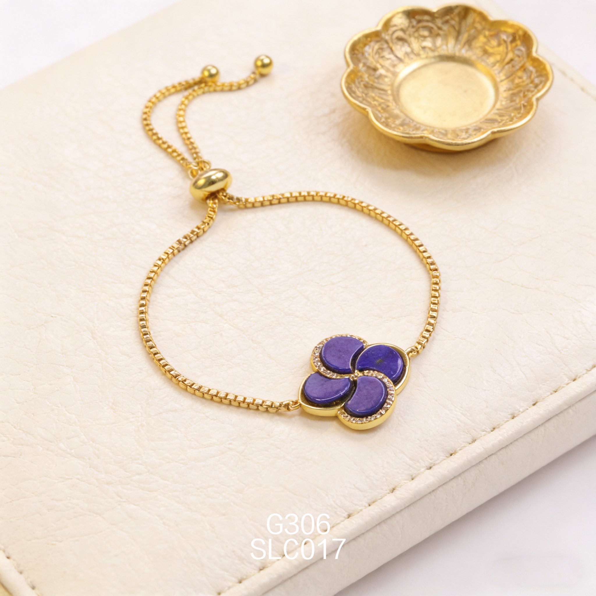 电镀黄金四叶草锆石青金手链