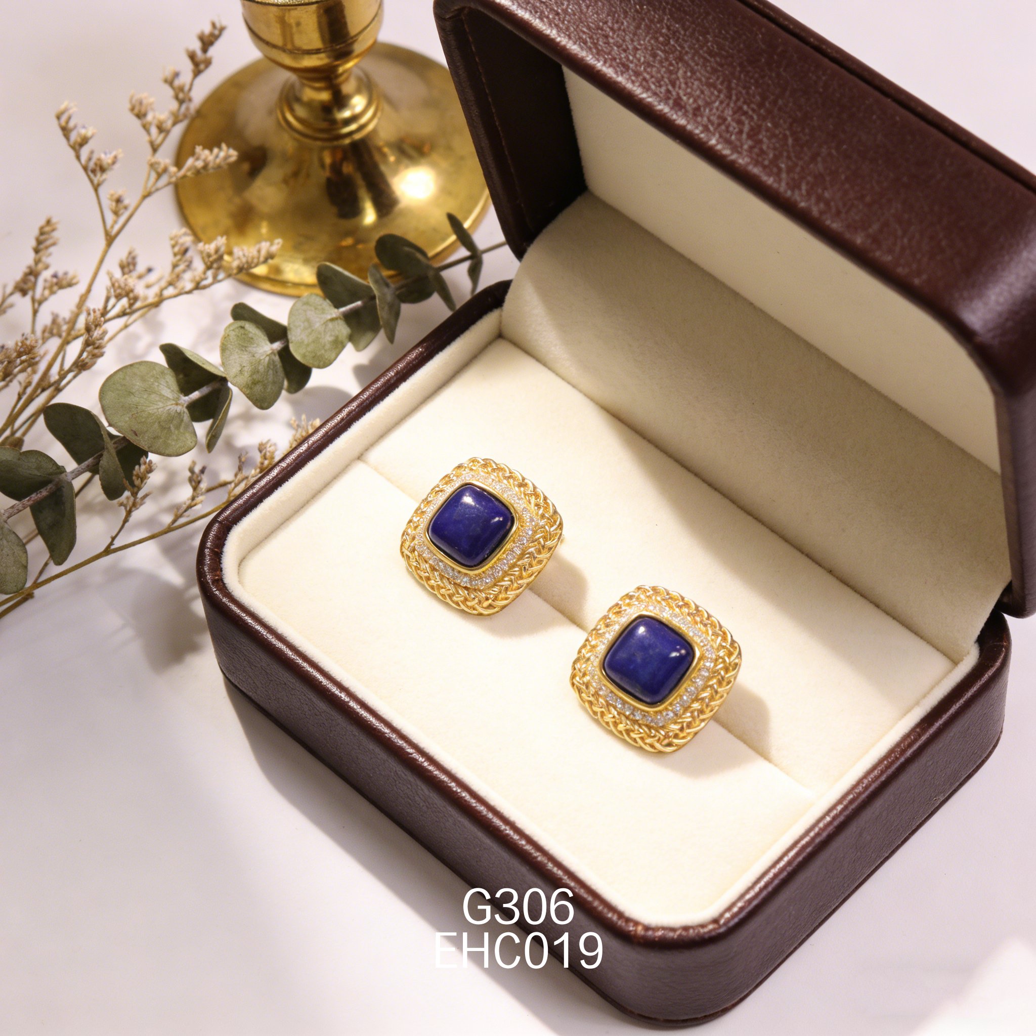 电镀黄金 8ｍm 锆石网纹青金石耳环